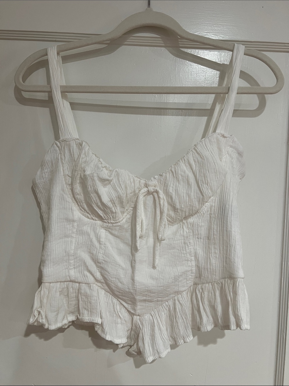 White Textured Ruffle Crop Top